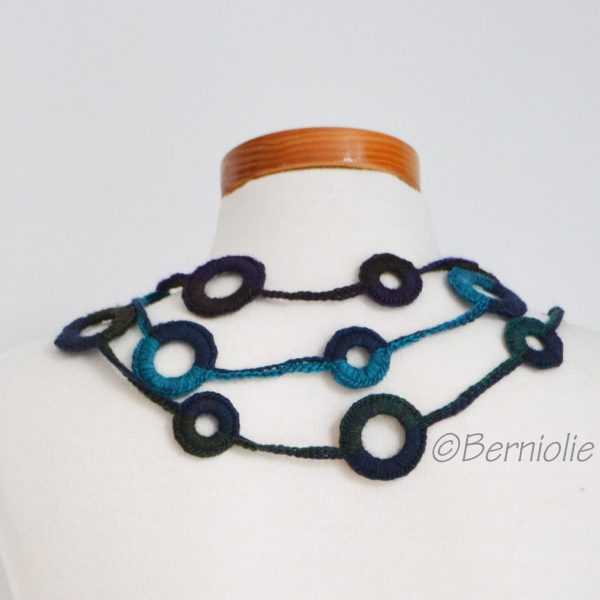 Crochet circle necklace, shades of dark blue, turquoise and purple, N390