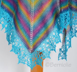 Rainbow knitted shawl with crochet lace trim, N409